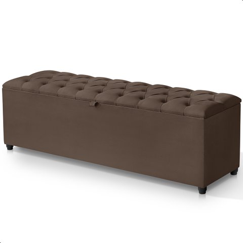 Recamier Baú Berlim Veludo Marrom Queen 1,50m Estofado Pés Pvc Preto
