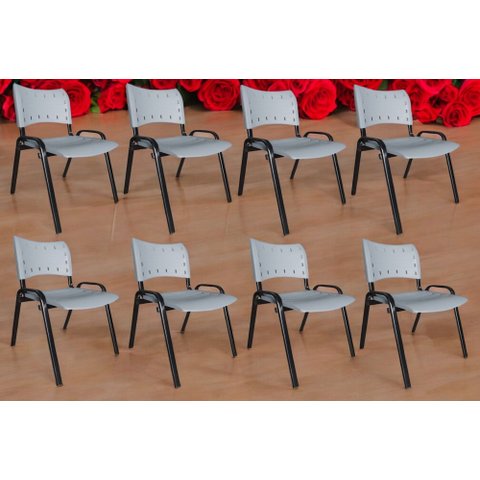 Kit com 8 Cadeiras Iso para Escola Escritório Comércio Cinza Base Preta Ecomhome