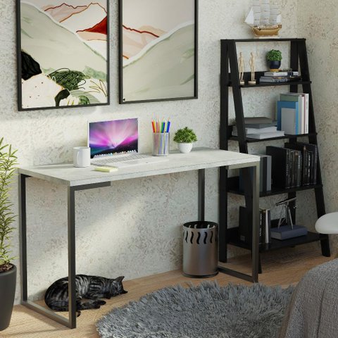Conjunto Escritório Home Office com Mesa Industrial + Estante Escada Preto/cinza Madesa