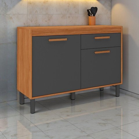 Balcão Cozinha 2 Portas 1 Gavetas 120cm com Tampo Cinza/Cinamomo/Grafite