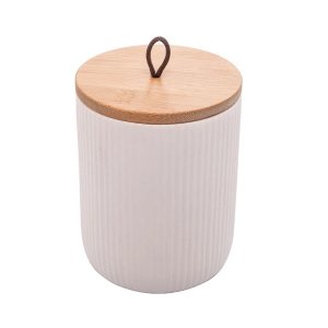 Potiche Decorativo de Cerâmica com Tampa de Bambu com Pegador de Corda Lines Branco 10x10x12,5cm Col