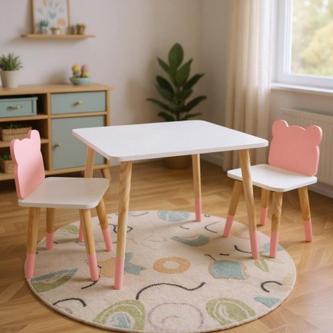 Mesa e 2 Cadeiras Infantil Urso Kit Livro Educativo em Madeira - Rosa Bebê