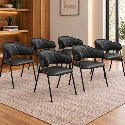 Kit 6 Cadeiras de Jantar Industrial Estofada Corino Preto Lara