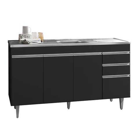Balcão de Cozinha com Pia Inox 160cm 3 Gavetas Andréia Preto - Ajl Móveis