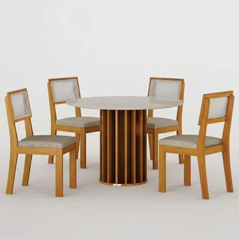 Mesa de Jantar Flora 108x108 com Vidro Base Ripado Cinamomo Off-white com Kit 4 Cadeiras Flora Linho