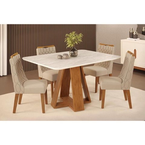 Conjunto: Mesa Sala Jantar Celeste C/ Tampo Madeirado Curvo 120x90cm e 4 Cadeiras Bia Freijo/quartzo