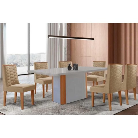 Conjunto: Mesa Sala Jantar Pietã¡ Curvo 180cm + 6 Cadeiras Dafne Madeira Naturale/off White -