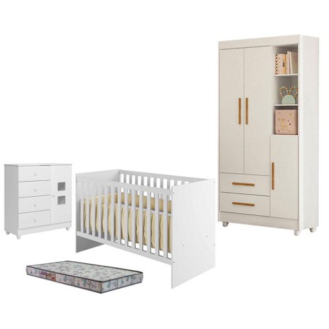 Guarda Roupa Flocos com Cômoda Life Berço Americano Soft Branco Acetinado Colchão Sleep - Tigus