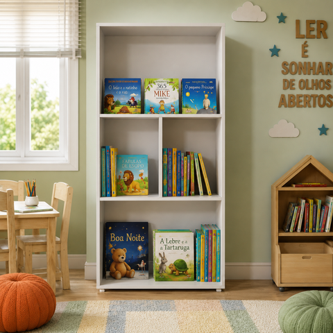Estante Livreiro Infantil com Nichos Branco Organizador de Livros em MDP para Quarto