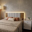 Ver imagem 1 de Kit Cabeceira Modular Autocolante + Painel Ripado em Mdf para Cama de Casal
