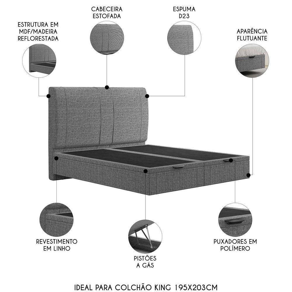Cama King Flutuante Baú Cabeceira 195cm Fly S05 Linho Cinza - Mpozenato - 6