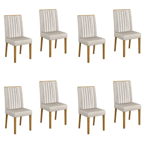 Kit 8 Cadeiras para Sala de Jantar Pés em Madeira Maciça Mari Branco/Cinamomo/Veludo Palha