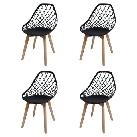 Conjunto 4 Cadeiras Kaila Pretas em Polipropileno com Base Wood para Sala de Jantar e Cozinha