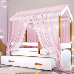 Cama Montessori Com Auxiliar Bola Led Colchão E Dossel Rosa
