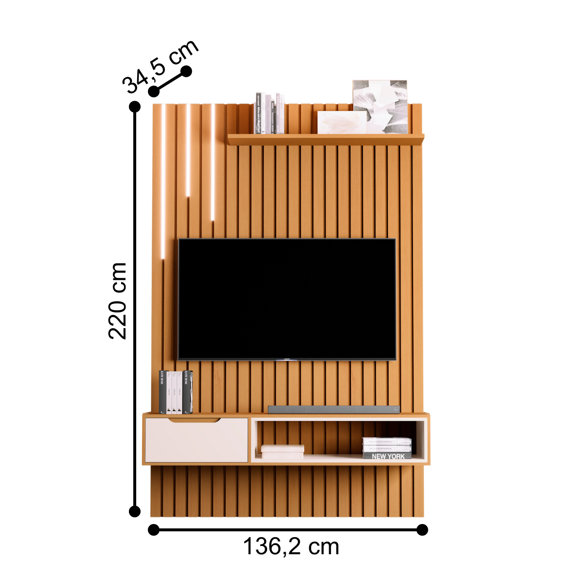 Rack e Painel Ripado com 1 Gaveta e Led Tsuru Nature Pérola - 2