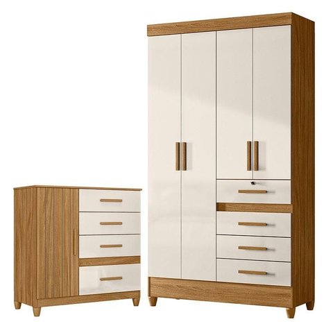 Guarda Roupa Solteiro Sobral e Cômoda Vênus com Pés Freijó Off White – Moval