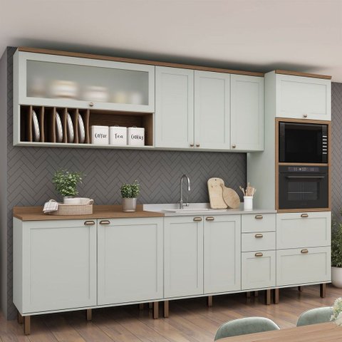 Cozinha Completa Luna 10 Portas 4 Gavetas com Vidro 100% MDF Mint/Ébano - Genialflex