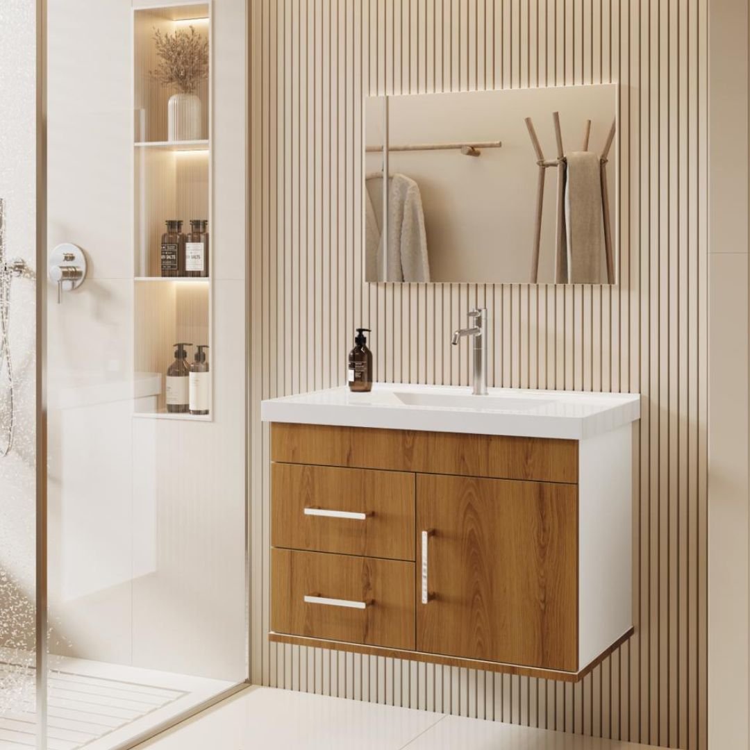 Ver imagem 1 de Kit Armario de Banheiro Mobi 63cm C/bancada Sintética Branca