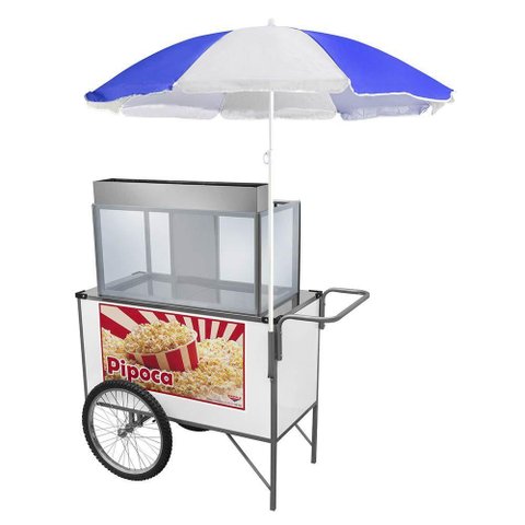 Carrinho de Pipoca Cefaz Simples Branco Rodas de Bicicleta e Guarda Sol Bl32rb/gs