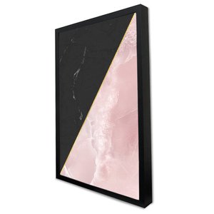 Quadro Decorativo Caixa Alta com Vidro Geométrico Mármore Preto e Rosa TaColado Moldura Preta 120 x 