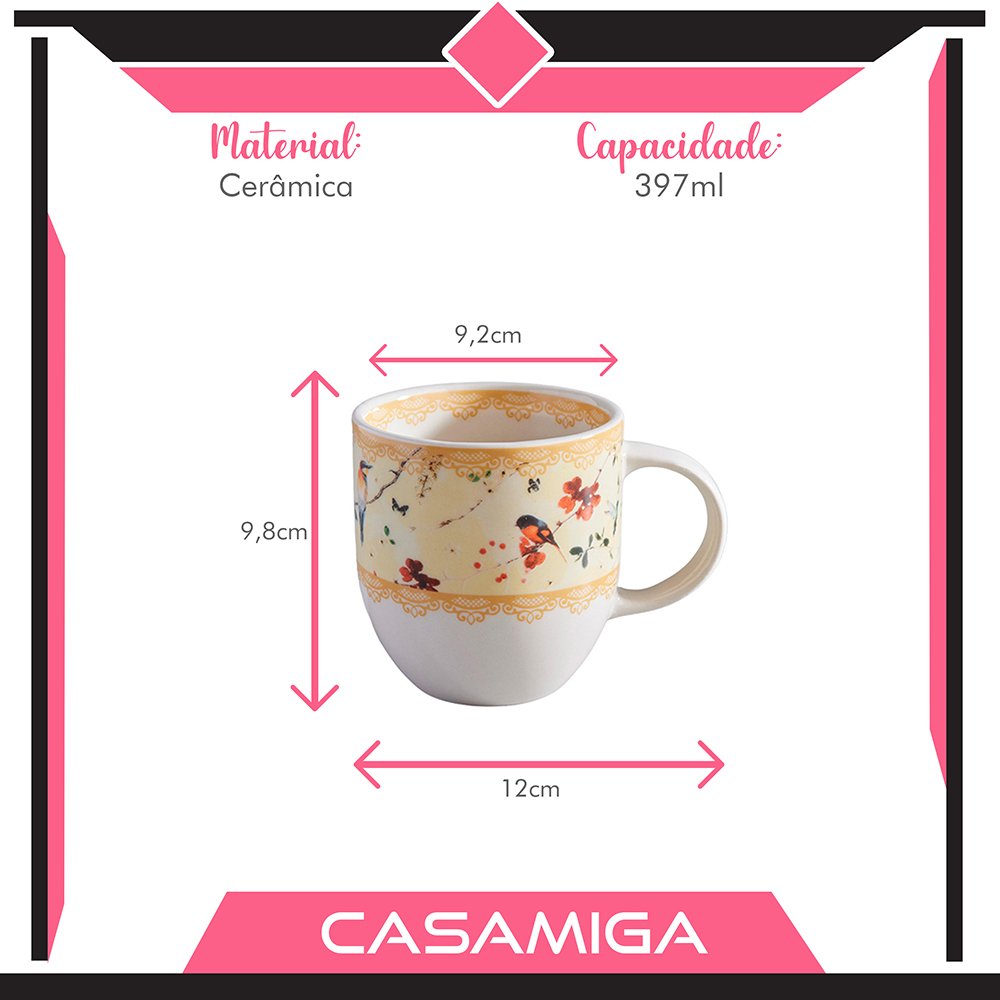 Conjunto 4 Canecas Chá Cerâmica 397ml Sussurro Pássaro - 4