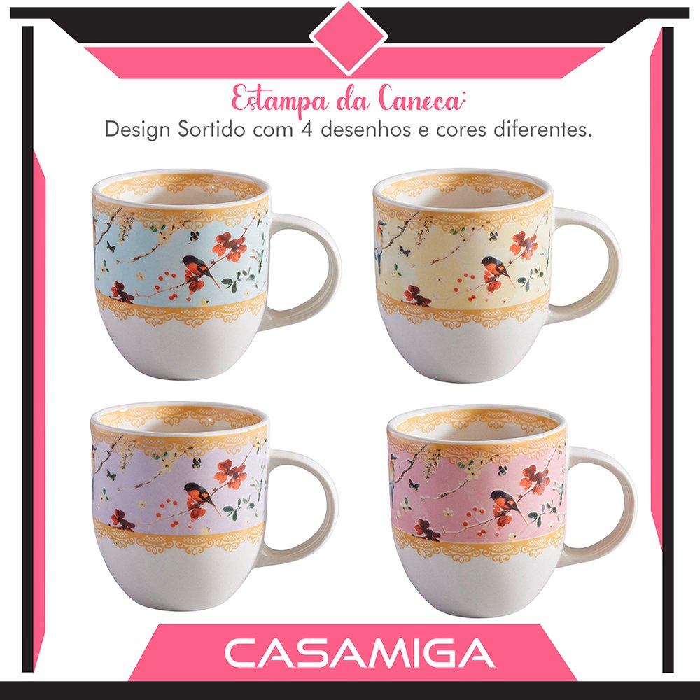 Conjunto 4 Canecas Chá Cerâmica 397ml Sussurro Pássaro - 2