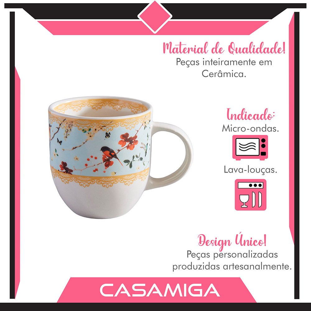 Conjunto 4 Canecas Chá Cerâmica 397ml Sussurro Pássaro - 6