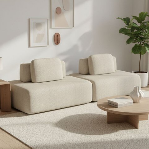 Sofá Ilha Modular para Sala Living Orgânico 315cm Angra K01 Bouclê Bege - Lyam Decor