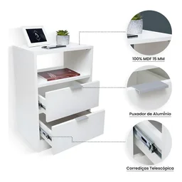 Mesa de Cabeceira Branca 2 Gavetas e 1 Nicho Mesinha para Quarto Lateral da Cama Estilo Cômoda - 4