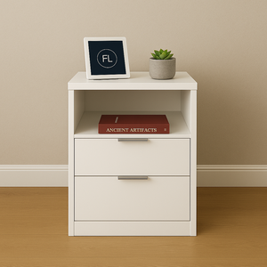 Mesa de Cabeceira Branca 2 Gavetas e 1 Nicho Mesinha para Quarto Lateral da Cama Estilo Cômoda