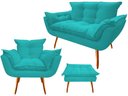Ver imagem 1 de Kit Namoradeira + 1 Poltrona + 1 Puff Decorativo Opala Suede Azul Tifany Pés Madeira Ms Decor