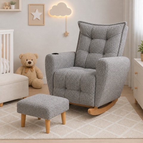 Poltrona de Amamentação Balanço com Puff Jade em Boucle Conforto Elegância e Aconchego Cinza