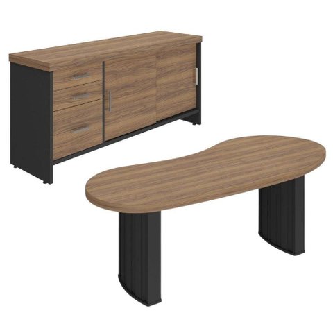 Mesa Escritorio Organica 200x90 cm e Balcão 3 Gavetas 2 Portas 161 cm Nogal Preto Artany