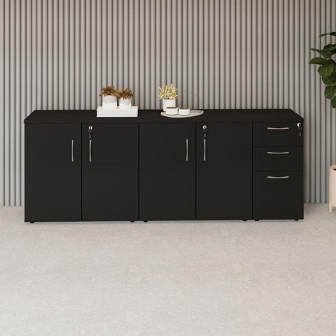 Armário Balcão 1,96m x 45cm Escritório e Home Office com 4 Portas 2 Gavetas e 1 Gavetão Fichá