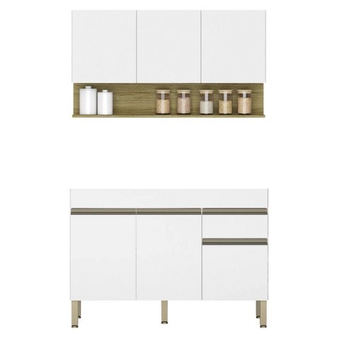 Armário de Cozinha com Balcão sem Tampo 150cm Lina K02 Supremo/Freijó - Mpozenato