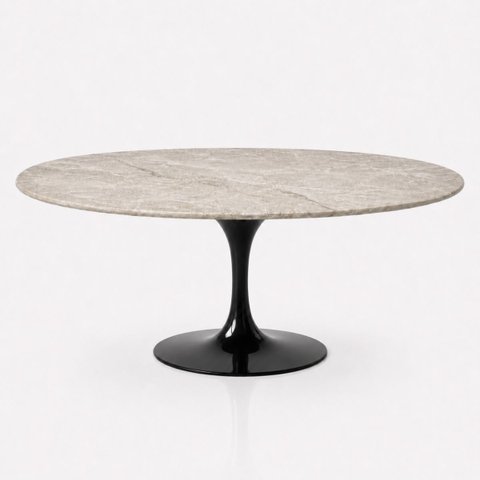 Mesa de Jantar Saarinen Oval 198x122 cm Tampo Quartzito Taj Mahal e Base Laca Preta