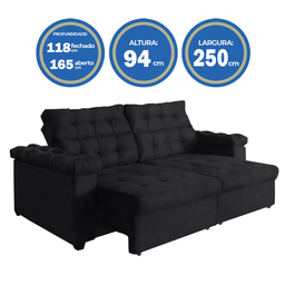 Sofá New Austrália 2,50 metros Retratil e Reclinavel Suede Preto – Sofá na Web - 3