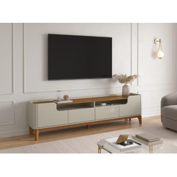 Rack / Bancada Fl 2.20m 4 Portas Estilo Retrô para Tv até 75'' Cor Off White / Cumaru - 2
