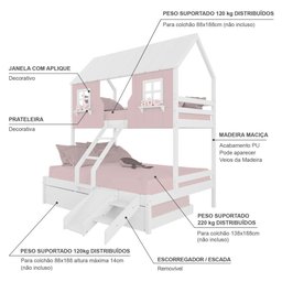 Treliche Casal/ Solteiro Casinha Encantada com Kit Escada/ Escorregador Madeira Maciça Rosa/ Branco - 4