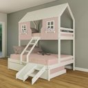 Ver imagem 1 de Treliche Casal/ Solteiro Casinha Encantada com Kit Escada/ Escorregador Madeira Maciça Rosa/ Branco