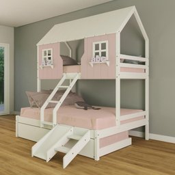 Treliche Casal/ Solteiro Casinha Encantada com Kit Escada/ Escorregador Madeira Maciça Rosa/ Branco - 1