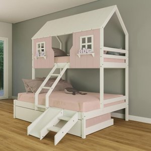 Treliche Casal/ Solteiro Casinha Encantada com Kit Escada/ Escorregador Madeira Maciça Rosa/ Branco