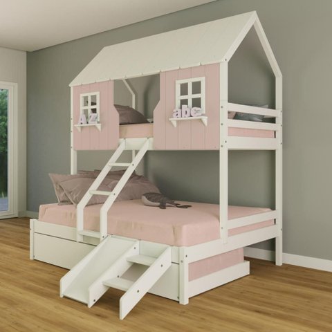 Treliche Casal/ Solteiro Casinha Encantada com Kit Escada/ Escorregador Madeira Maciça Rosa/ Branco