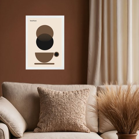 Quadro Bauhaus Marrom - Xícara de Café 24x18cm - com Vidro:moldura Branca