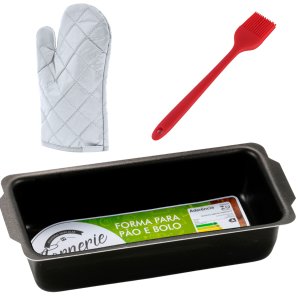 Forma Assadeira de Pão Retangular Média Antiaderente 1,3l + Luva Térmica + Pincel de Silicone Vermel