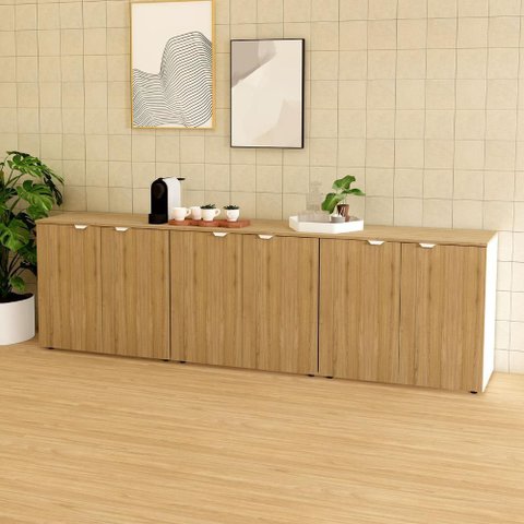 Armário Baixo Escritório 6 Portas C/ Chave 240 Cm F5 Office Cor:macadâmia com Branco