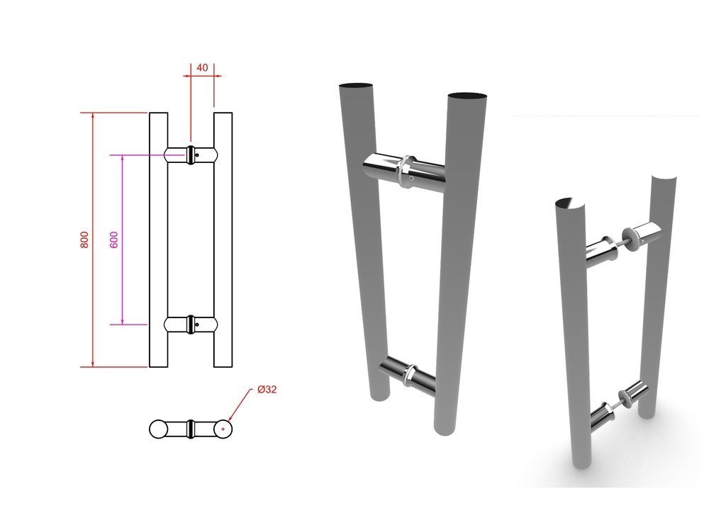 Puxador Tubular H Inox 304 Polido 3.2x80x60cm - 3