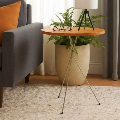 Mesa Lateral Redonda Bistrô Pé Palito Apoio Sofá Decoração 45 X 45cm Nozes / Champagne