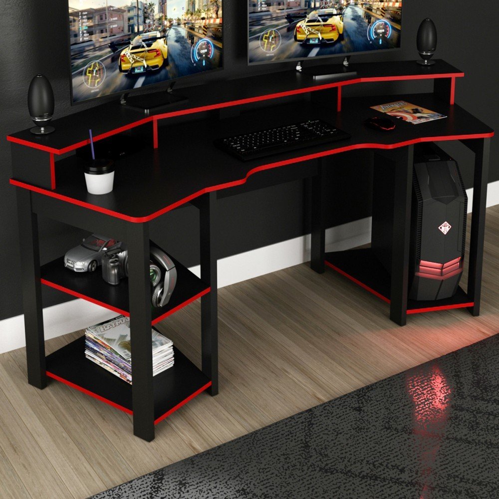 Mesa Gamer para 2 Monitores 3 Prateleiras Preto/Vermelho Me4167 - Tecno Mobili