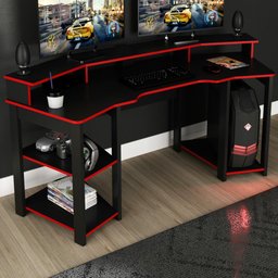 Mesa Gamer para 2 Monitores 3 Prateleiras Preto/Vermelho Me4167 - Tecno Mobili - 1 Mesa Gamer para 2 Monitores 3 Prateleiras Preto/Vermelho Me4167 - Tecno Mobili - 1